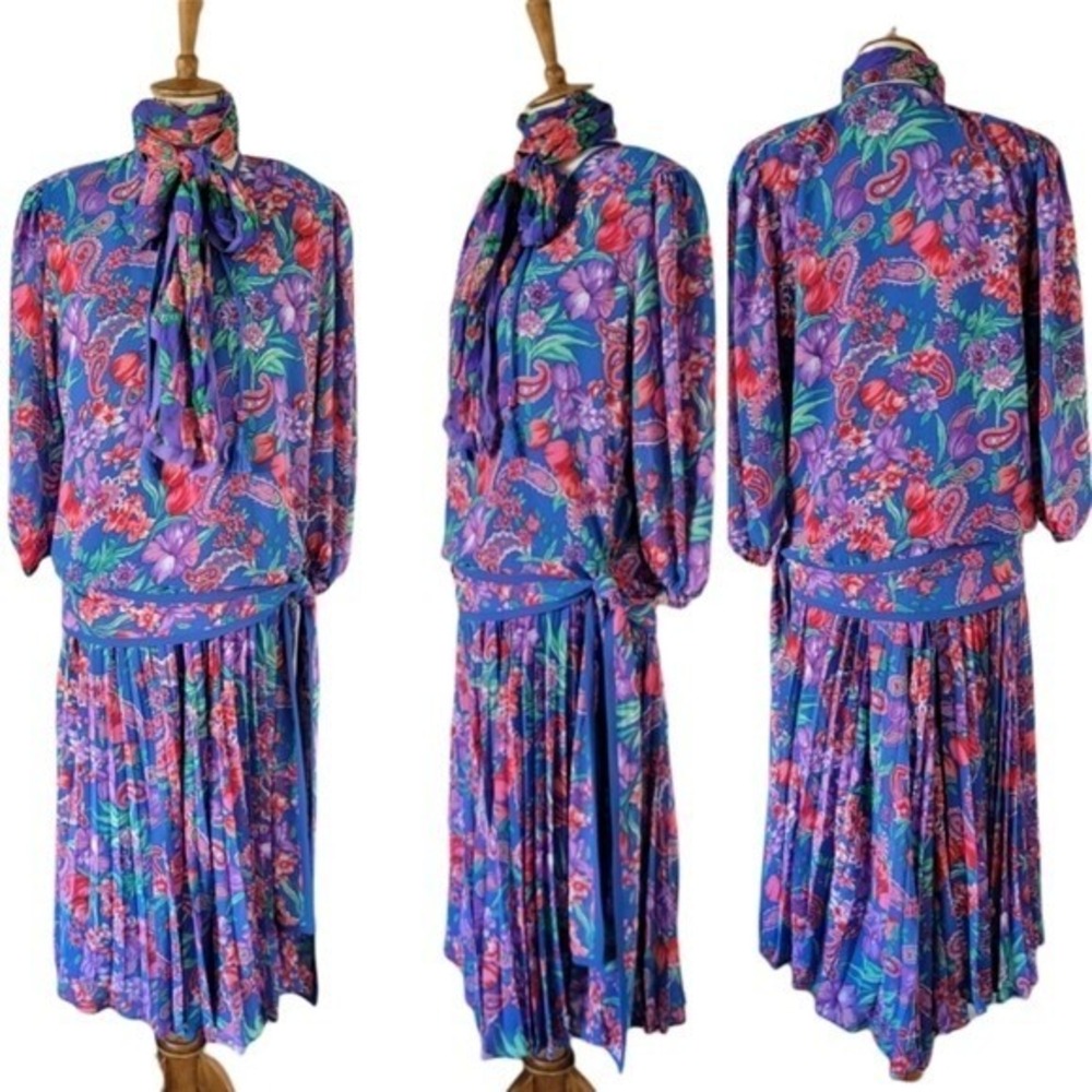 Vintage 80's Diane Freis Original Blue Floral Georgette Floral 3 Piece Set - Picture 2 of 7